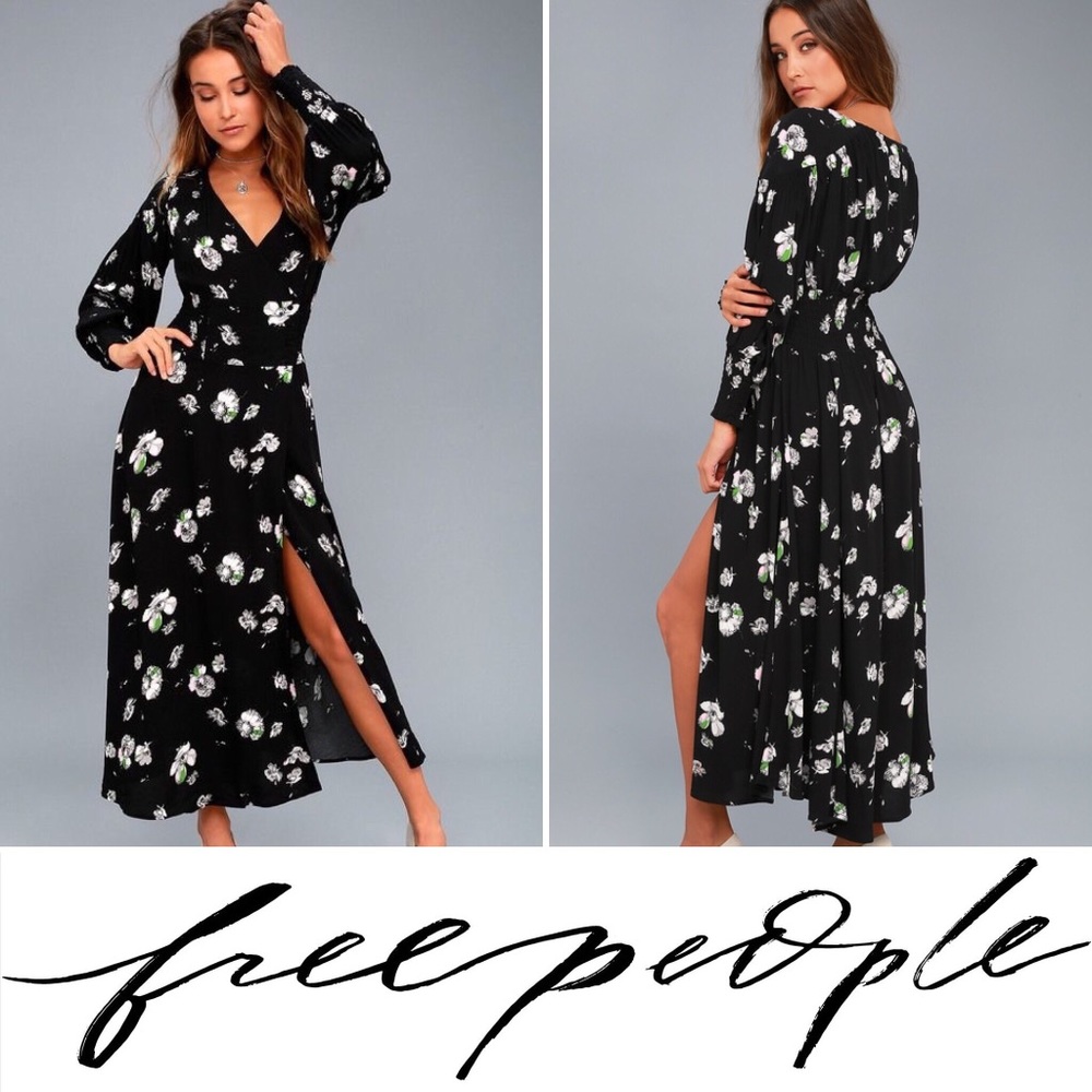Free People So Sweetly Black Floral Midi Dress